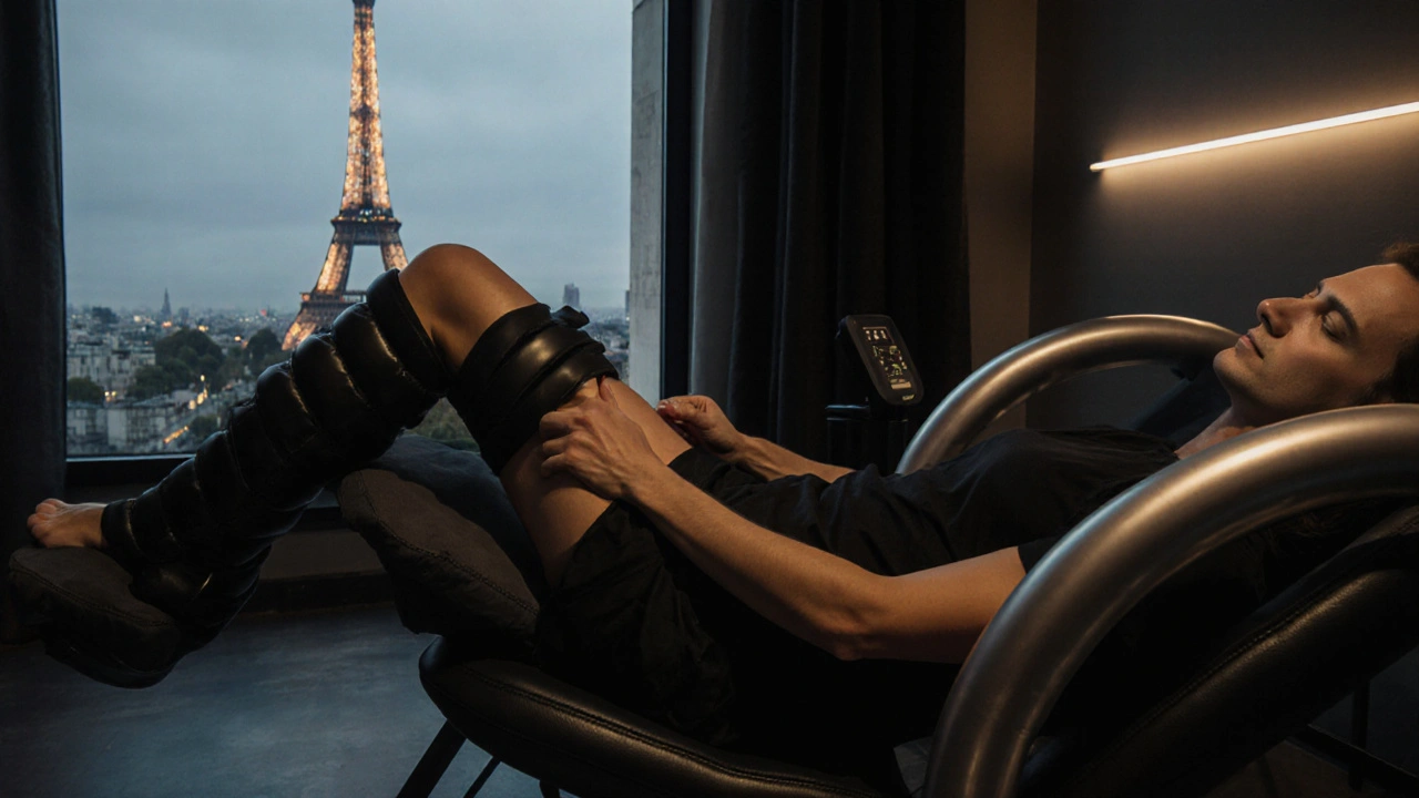 Client avec des manchons de pressothérapie sur les jambes, dans un centre de bien-être moderne à Paris.
