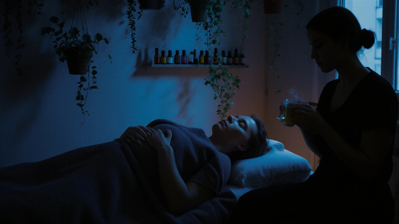 Client détendu sous une couverture dans un studio calme de Lyon au crépuscule.