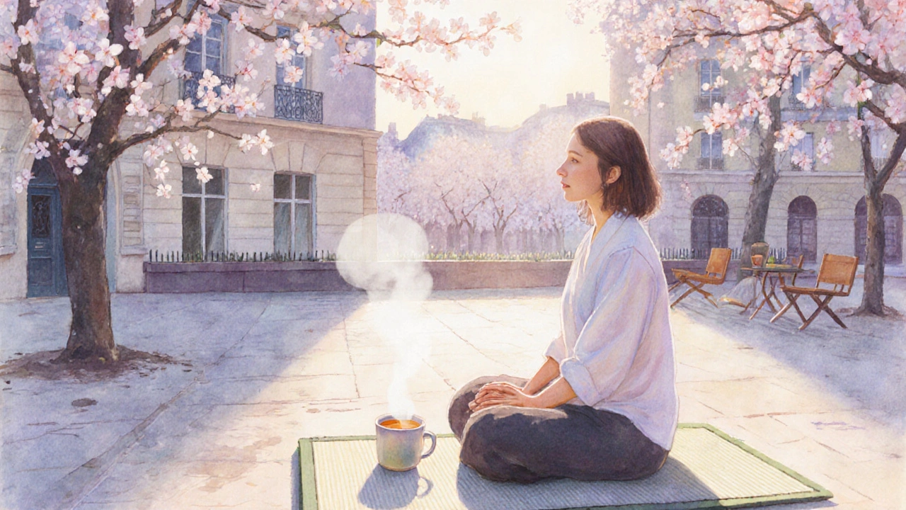 Client en détente après une séance, assis en tailleur dans une cour paisible, une tisane fumante à côté de lui.