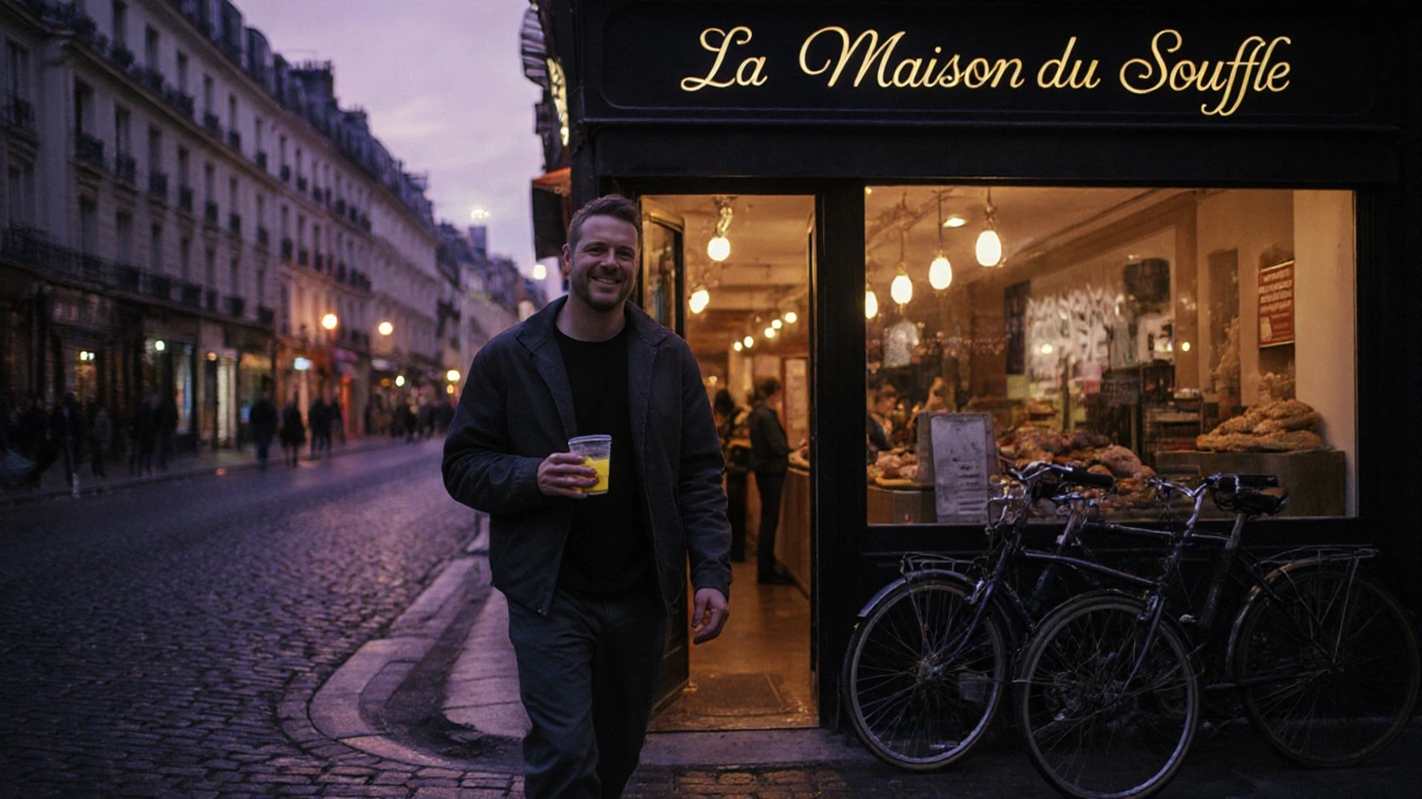 Client sortant d&#039;un salon de massage à Paris 18, tenant un verre d&#039;eau citronnée au crépuscule.