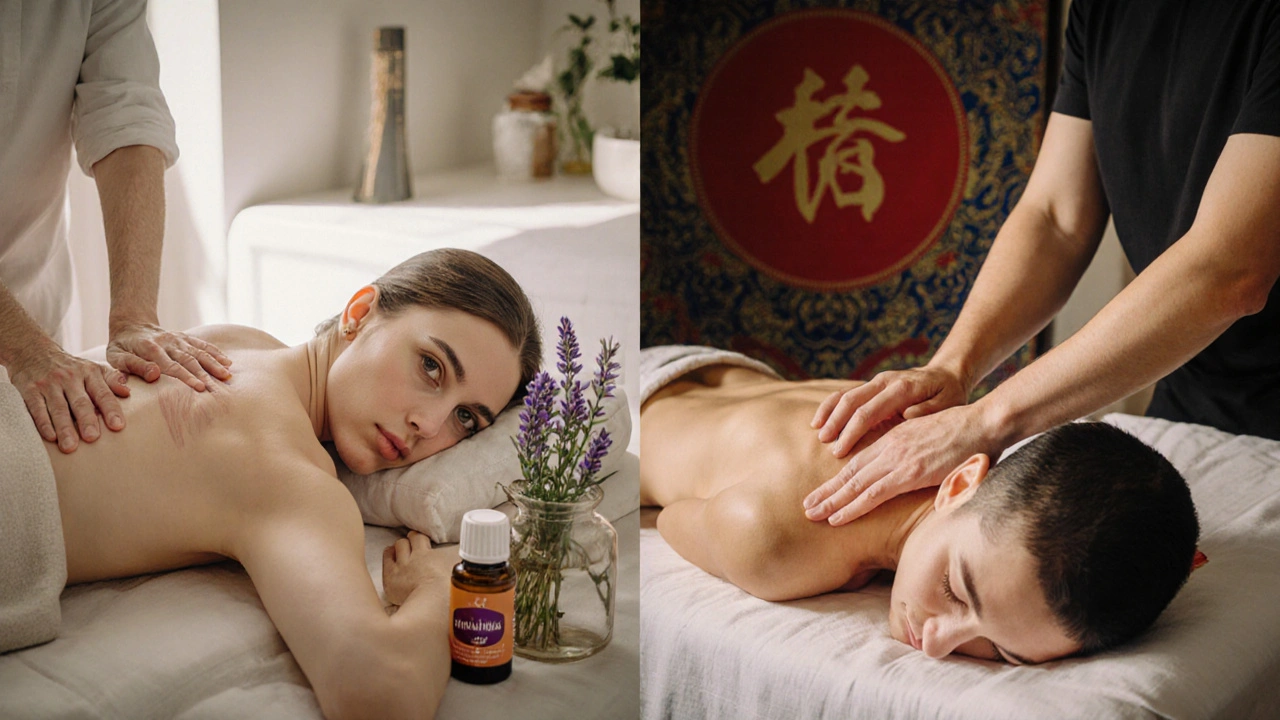 Comparaison artistique d'un massage suédois doux et d'un massage chinois Tui Na avec pression profonde, tous deux dans des salons simples à Paris.
