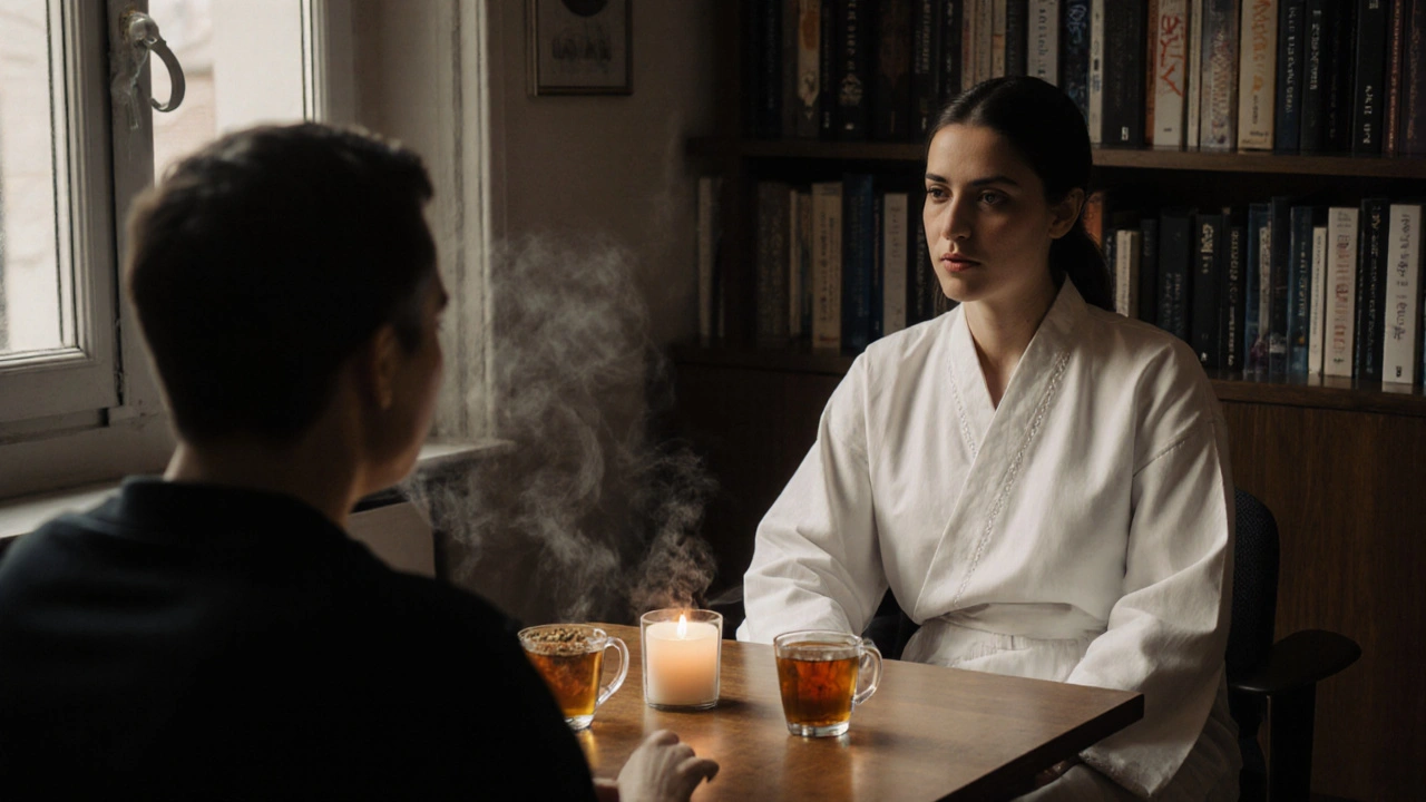 Consultation apaisante dans un salon de massage énergétique du 15e arrondissement, praticien et client en silence.