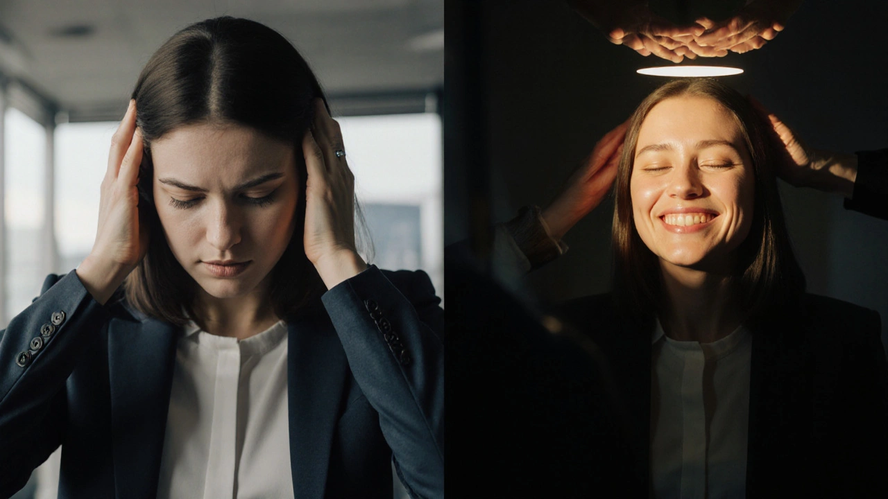 Contraste émotionnel : une femme tendue avant le massage, puis apaisée après, symbolisant la libération mentale.