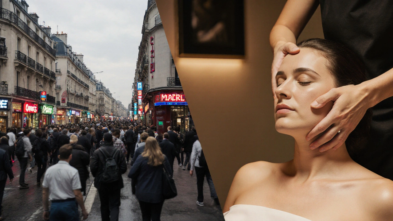 Contraste entre Paris stressant et un moment de paix au massage, larmes de soulagement sur le visage d'une personne détendue.
