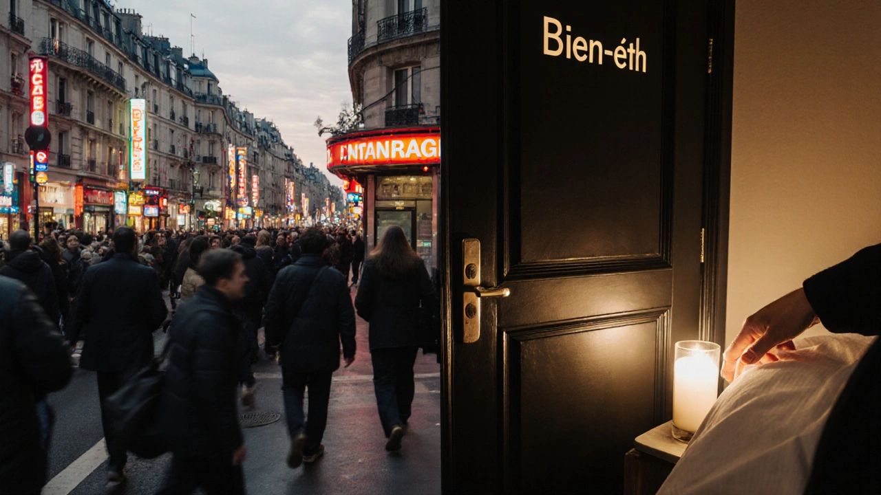 Contraste entre rue parisienne bondée et espace de bien-être calme, main posée sur l&#039;épaule.