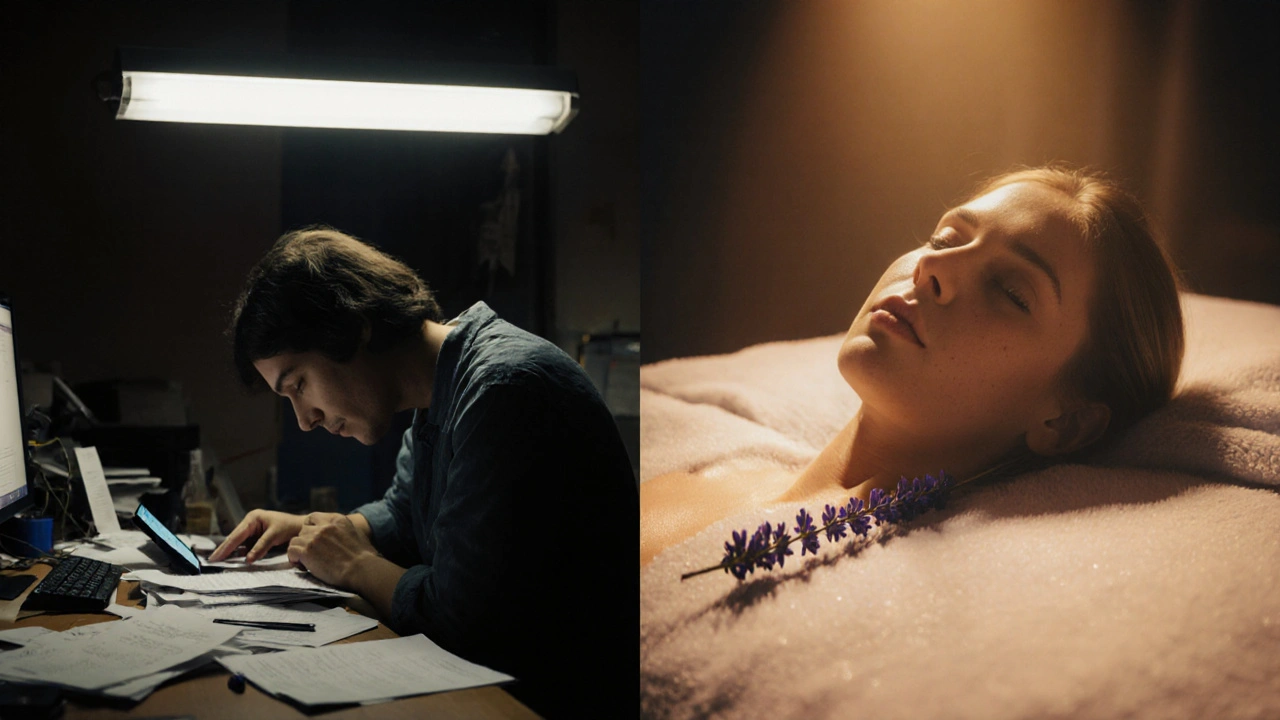 Contraste entre une personne stressée au bureau et la même personne en paix après un massage, dans une ambiance tamisée.