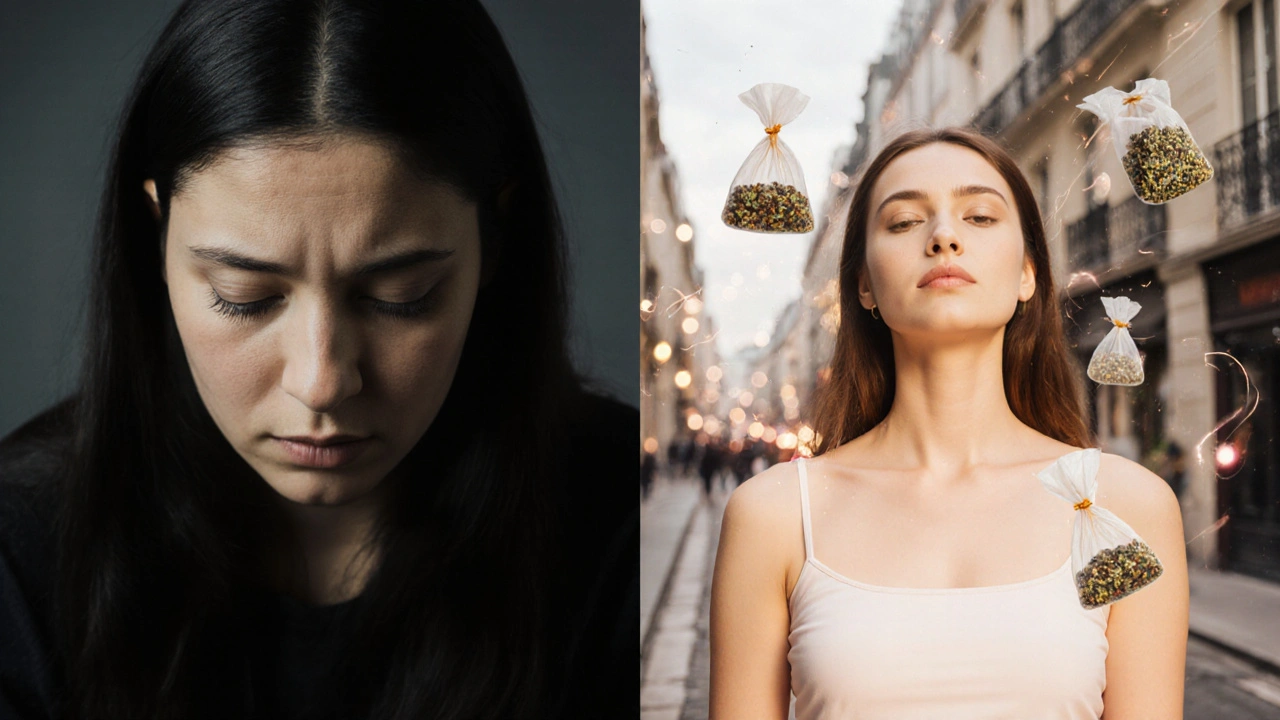 Contraste visuel d&#039;une femme avant et après un massage chinois : de la tension à la sérénité, entourée de vapeur et d&#039;herbes énergétiques.
