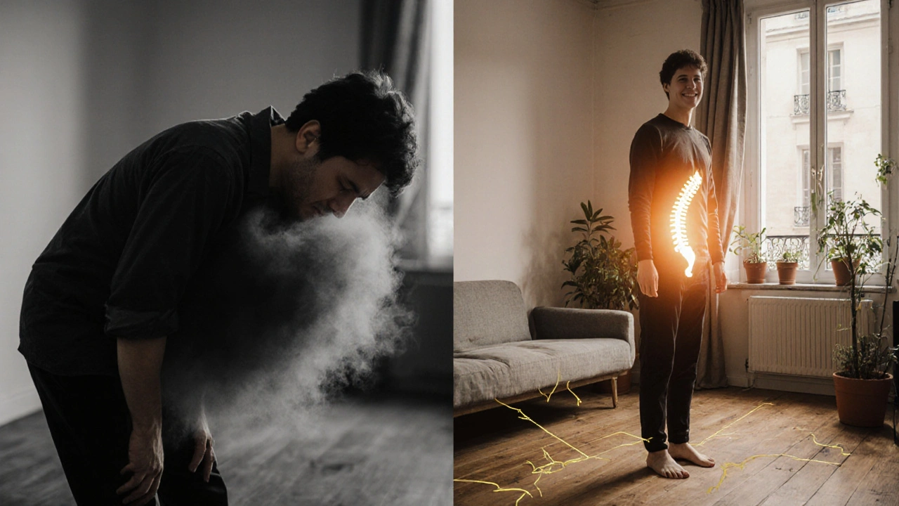 Contraste visuel entre un état de tension abdominale et un état de légèreté après un massage thaïlandais.