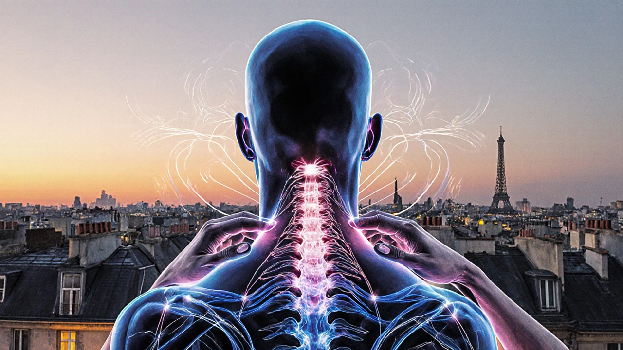 Corps humain stylisé avec lignes d&#039;énergie brillantes, intégré au paysage urbain de Paris, représentant les méridiens de la médecine traditionnelle chinoise.