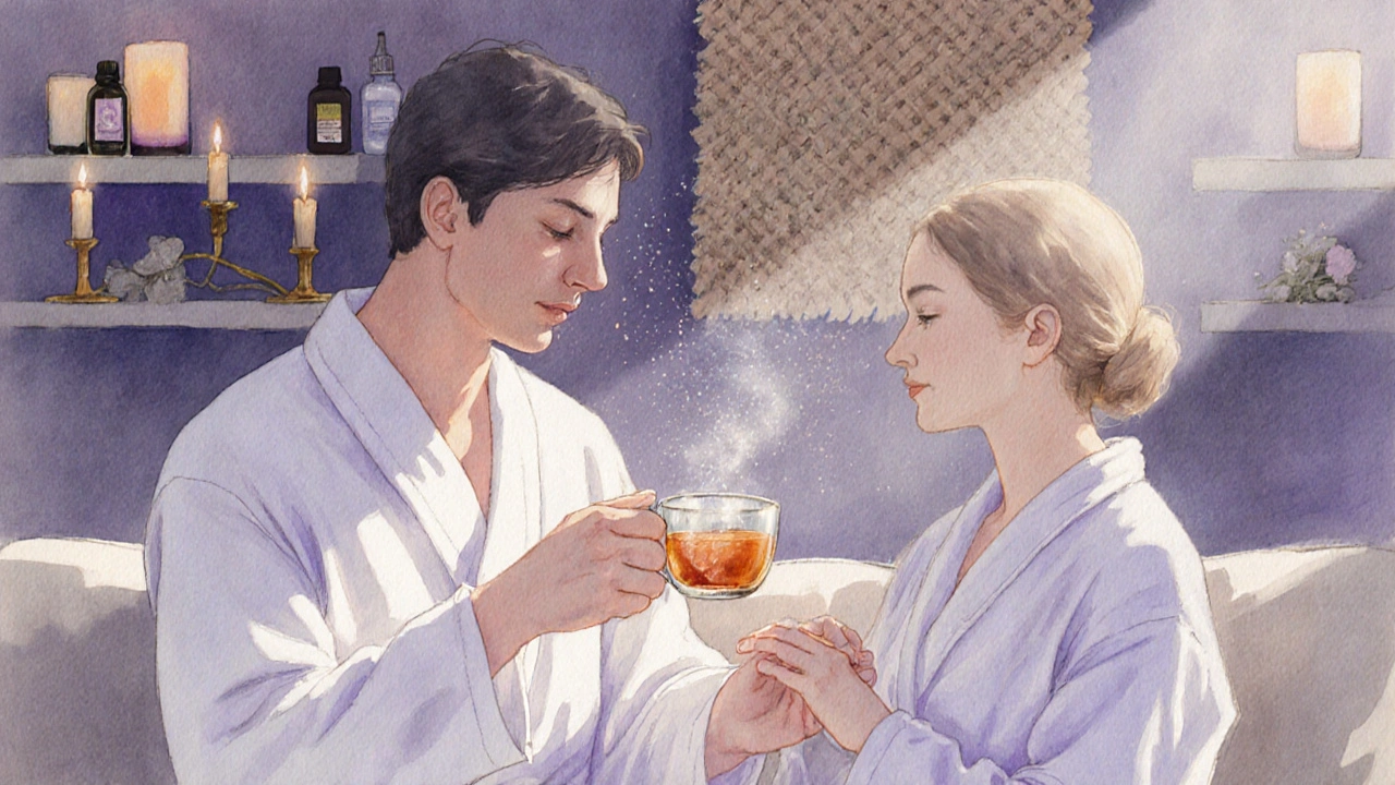 Couple partageant une tisane chaude après un massage duo, main posée sur la main, atmosphère apaisante et intime.