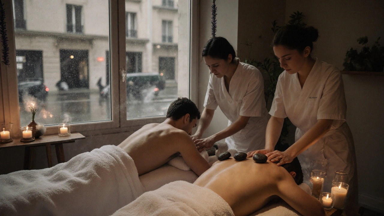 Couple profitant d&#039;un massage côte à côte dans un spa chaleureux avec lumières douces et pluie à la fenêtre.