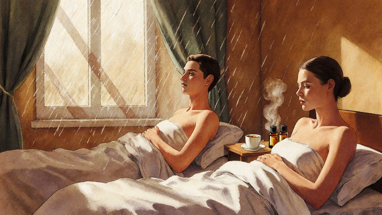 Couple recevant un massage côte à côte dans une pièce apaisante, draps blancs et lumière tamisée.