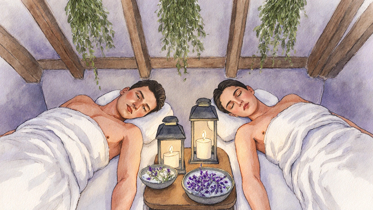 Couple recevant un massage en duo dans une pièce apaisante, lumières tamisées et plantes autour, atmosphère de paix partagée.