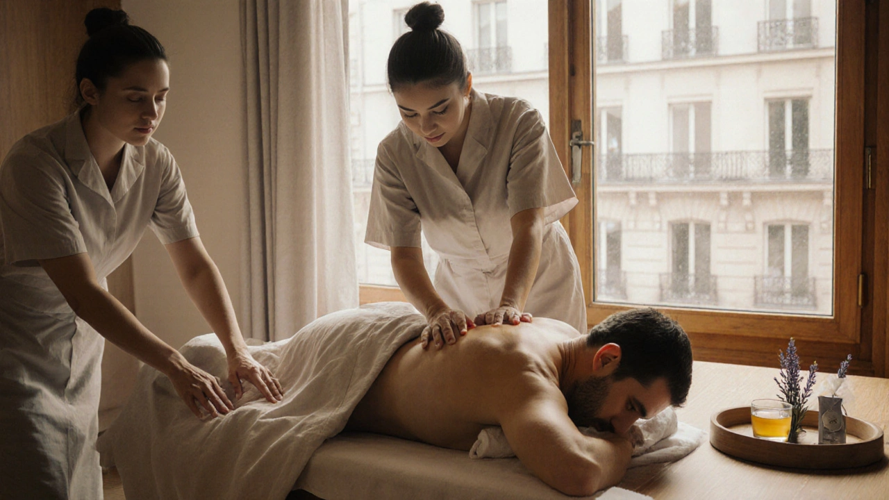 Couples recevant un massage suédois dans une salle lumineuse de Le Marais, avec des rideaux légers et une ambiance calme.