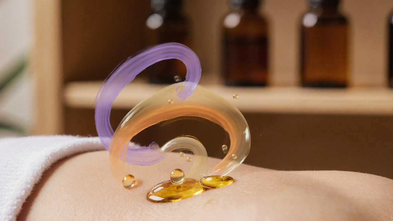 Des gouttes d&#039;huile pénètrent la peau, entourées de nuances colorées symbolisant leurs effets apaisants.