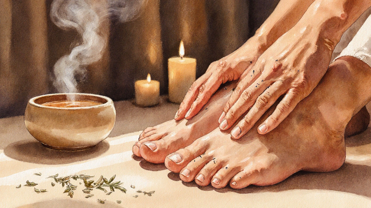 Des mains expertes appliquant un massage réflexe sur la plante des pieds et les tempes, dans une ambiance apaisante.