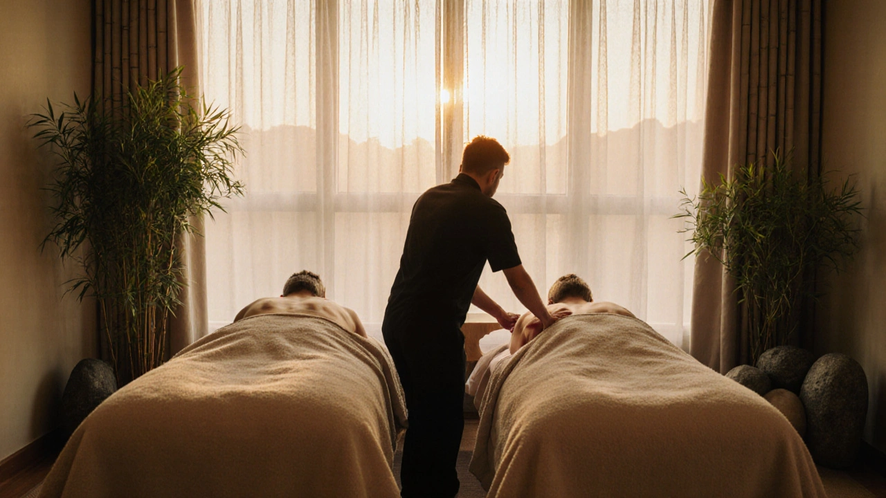 Deux clients détendus sur des tables de massage côte à côte dans un espace naturel et paisible.