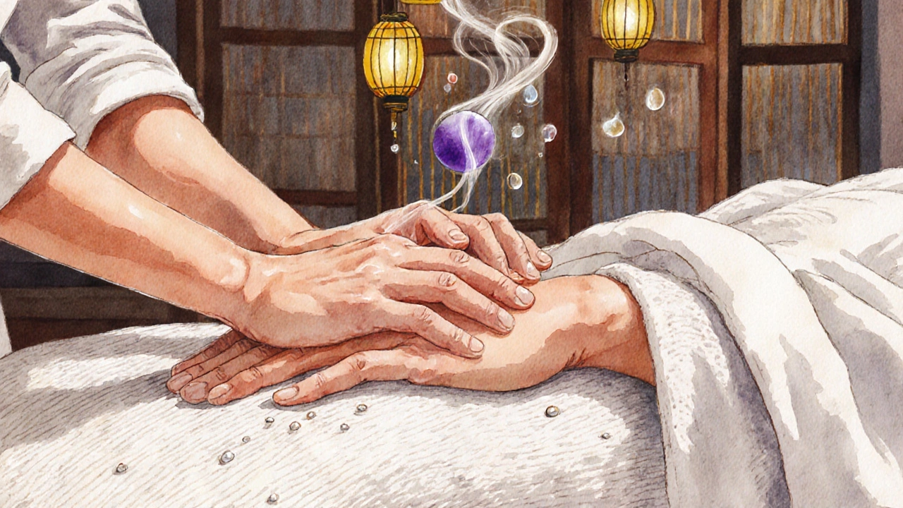 Deux mains échangant du toucher thérapeutique sur un vêtement de coton, avec des gouttes d&#039;huiles essentielles brillantes et décorations asiatiques en arrière-plan.