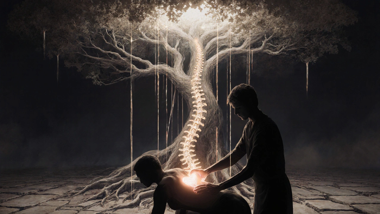 Deux silhouettes connectées par des lumières brillantes, symbolisant le rétablissement de la confiance en soi.