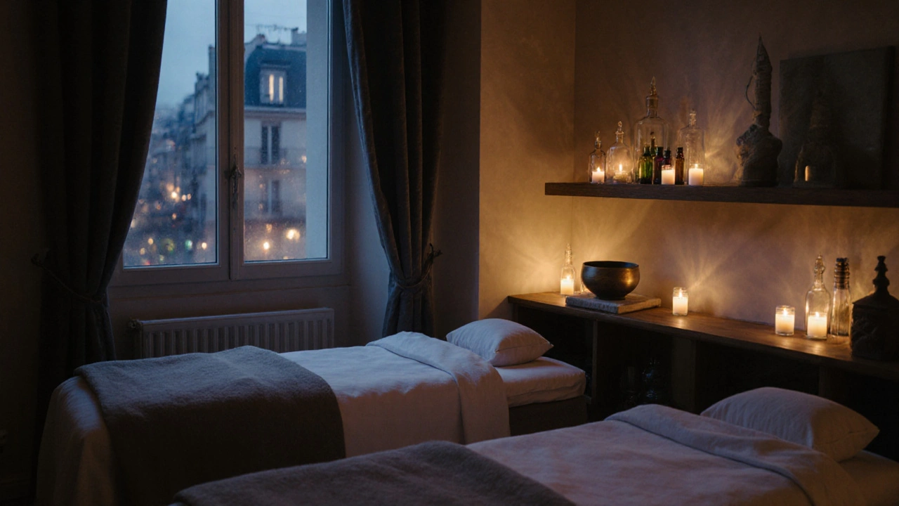 Deux tables de massage côte à côte dans une ambiance calme, bougies et huiles essentielles, lumière du crépuscule.