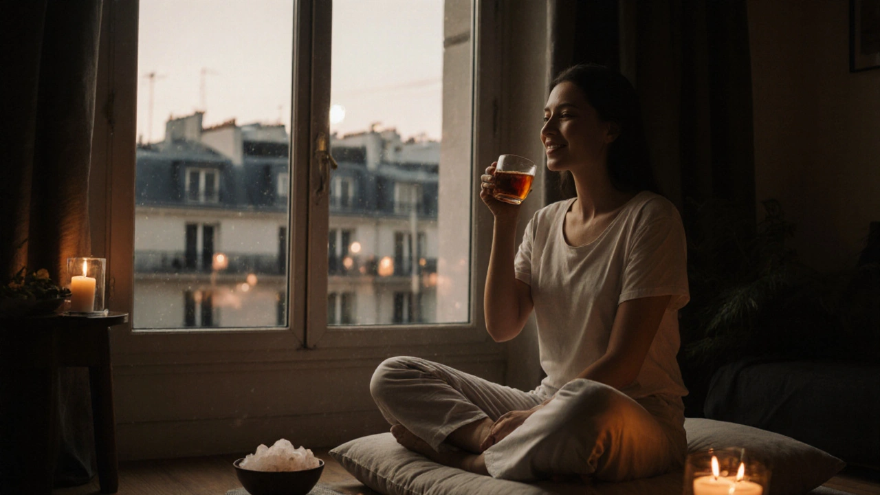 Femme apaisée après un massage, sirotant du thé dans un espace zen à Paris.