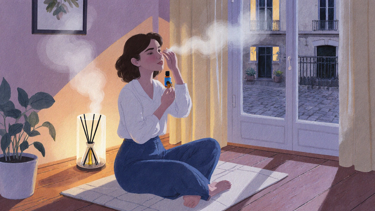 Femme en train de pratiquer un rituel de bien-être à la maison, avec un diffuseur et une lumière douce.