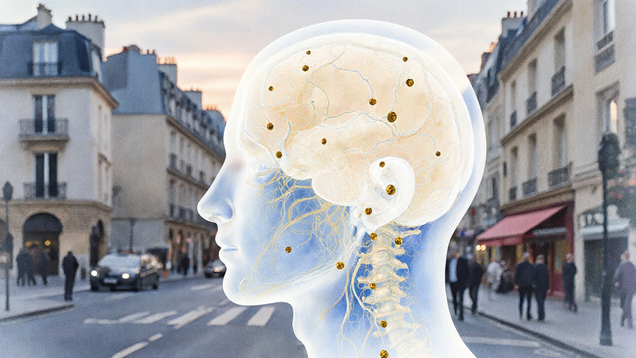 Illustration artistique des points réflexes et voies nerveuses du crâne dans un style aquarelle doux.