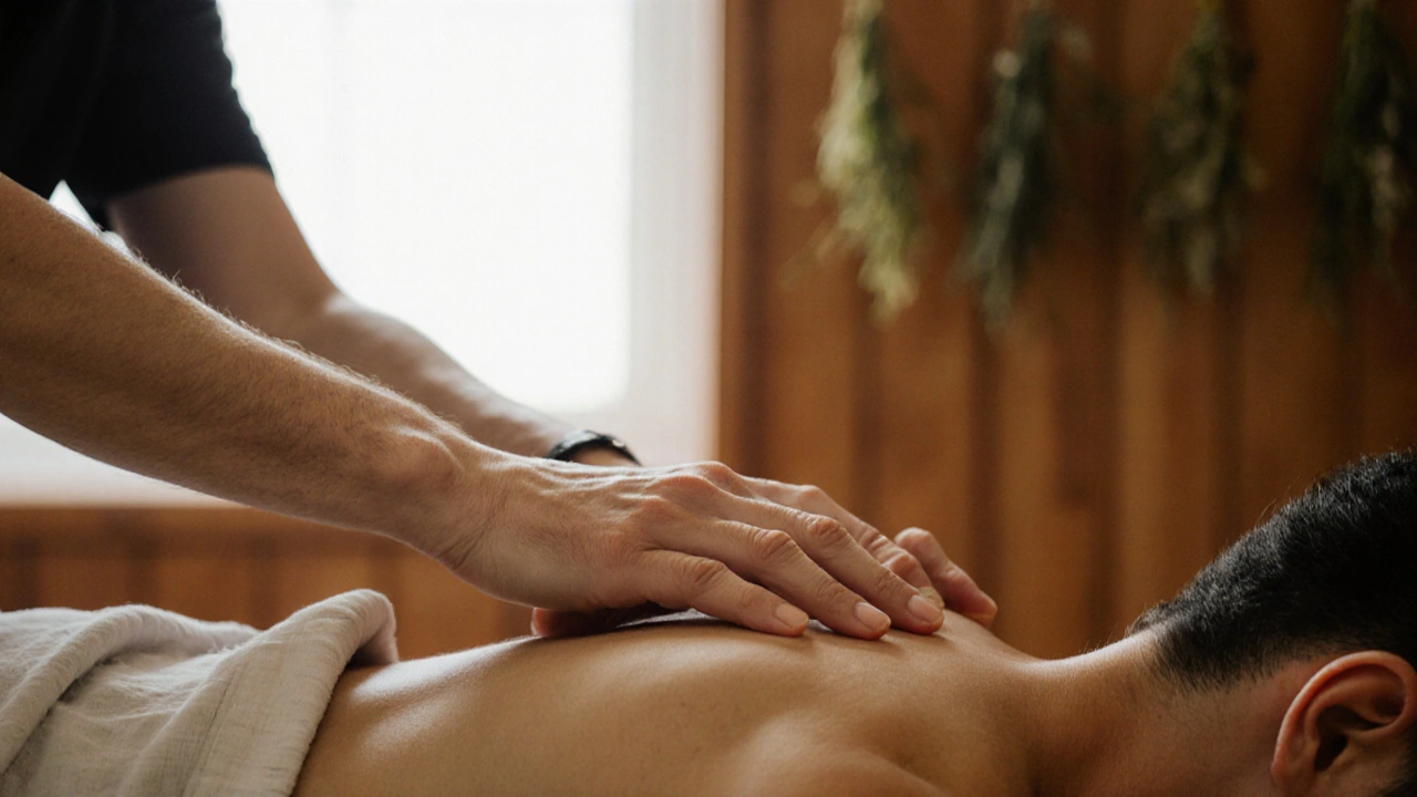 Main de thérapeute appliquant un massage thaï sur le dos d&#039;un client, à travers un vêtement léger.