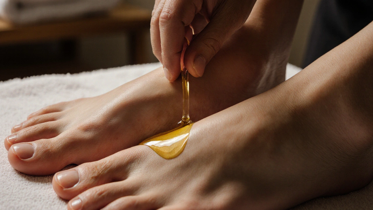 Mains appliquant de l&#039;huile sur les pieds nus lors d&#039;un massage naturiste, dans une lumière chaude et douce.