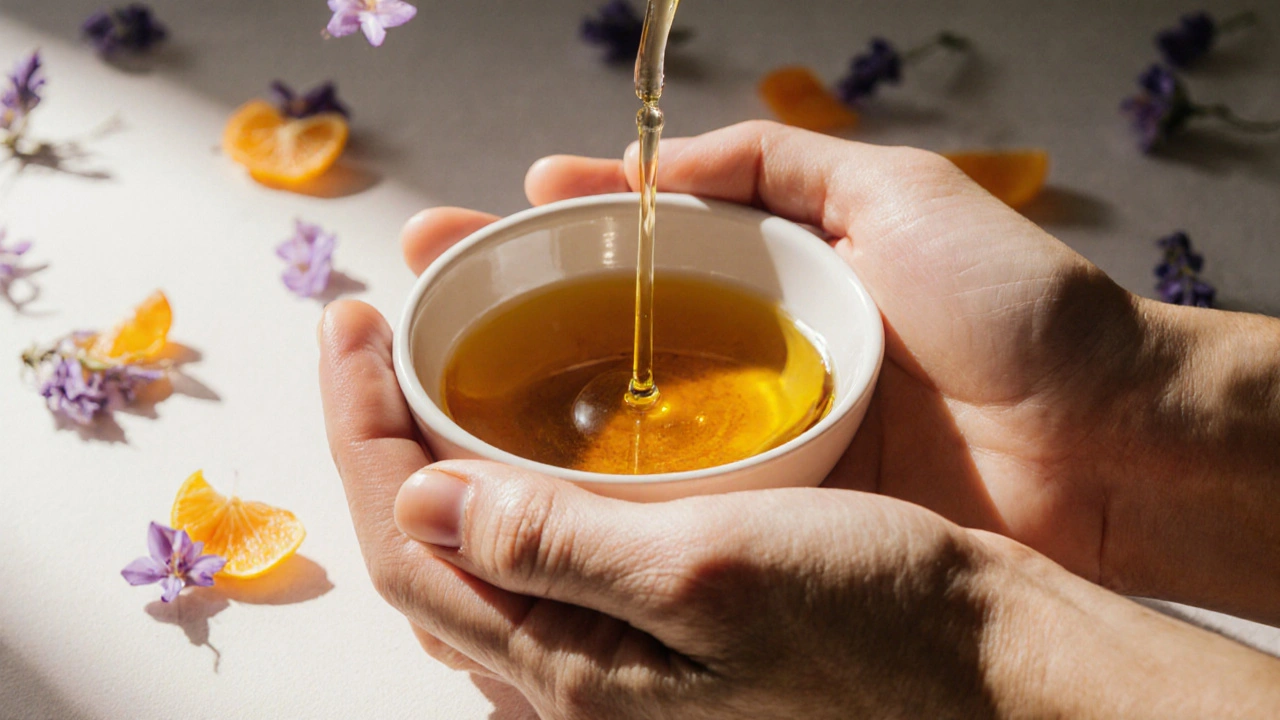 Mains appliquant une huile aromatique sur la peau, avec des pétales de lavande flottant dans l&#039;air.