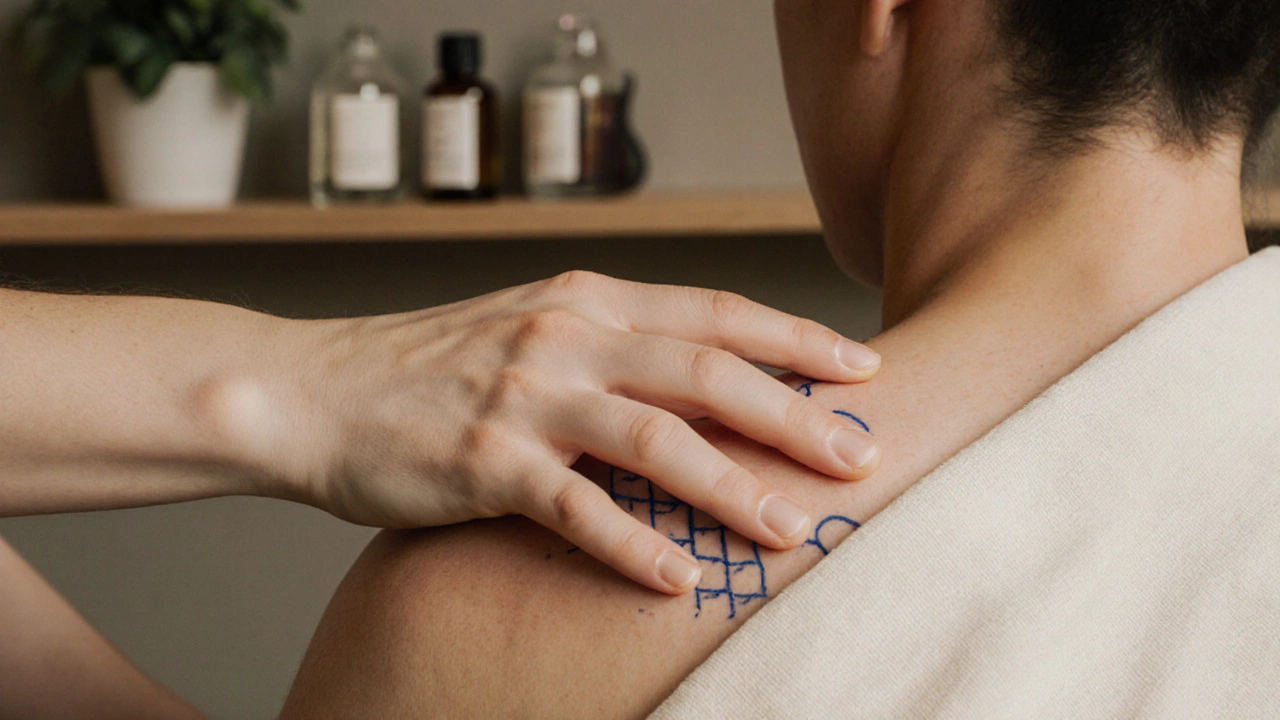 Mains d&#039;un masseur exerçant une pression précise sur l&#039;épaule lors d&#039;un massage shiatsu.