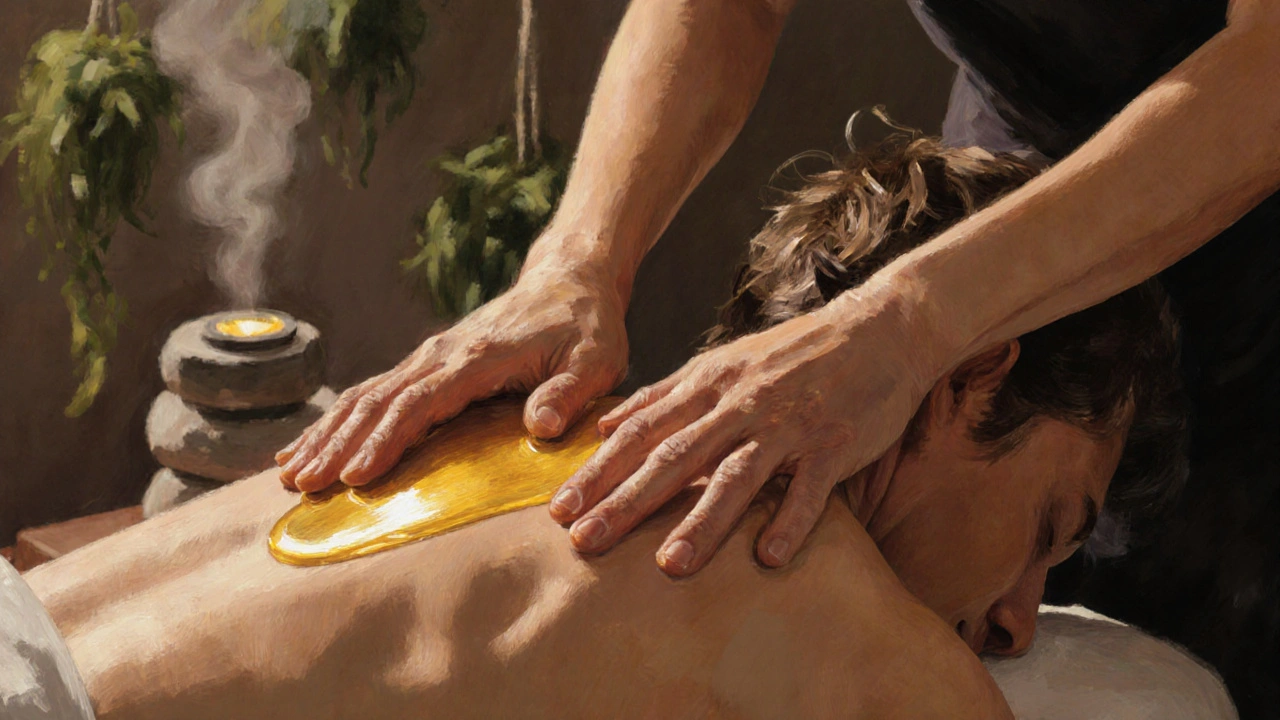 Mains d&#039;un massothérapeute massant les épaules et le cou d&#039;une personne détendue, avec de l&#039;huile dorée et une ambiance chaleureuse.