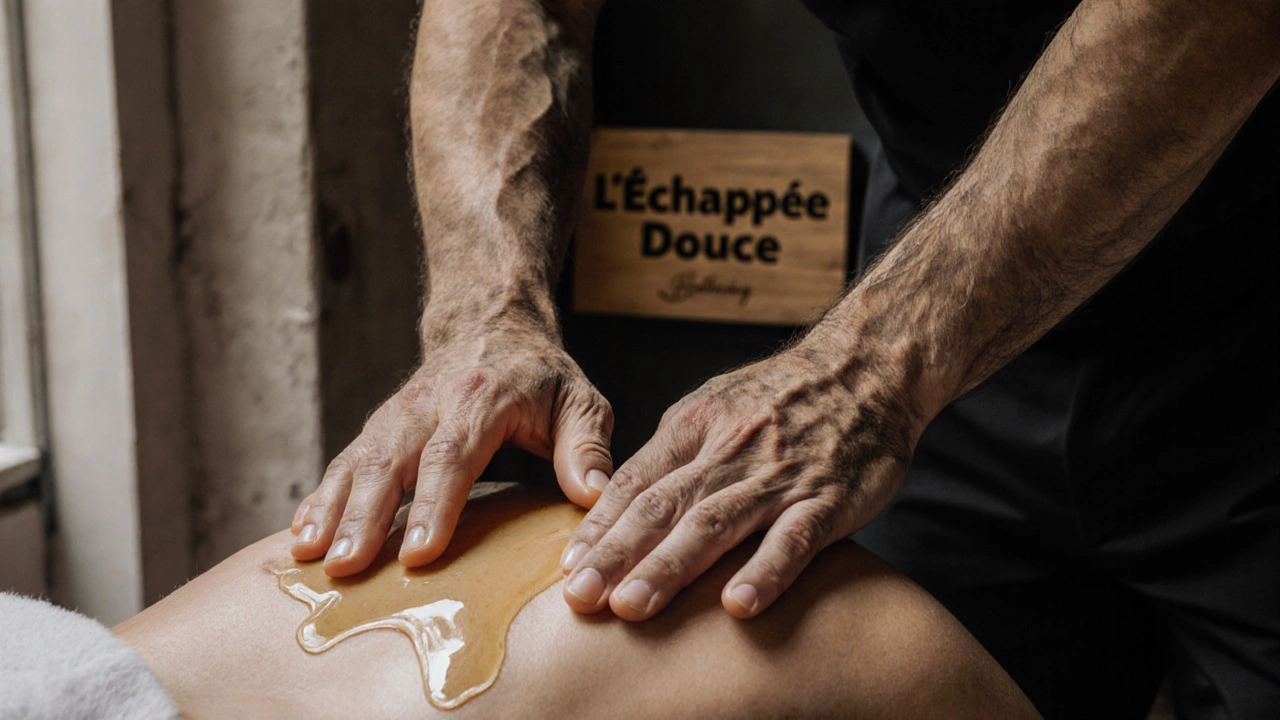 Mains de masseur appliquant un massage doux avec huile d&#039;amande, dans un cadre discret et authentique.