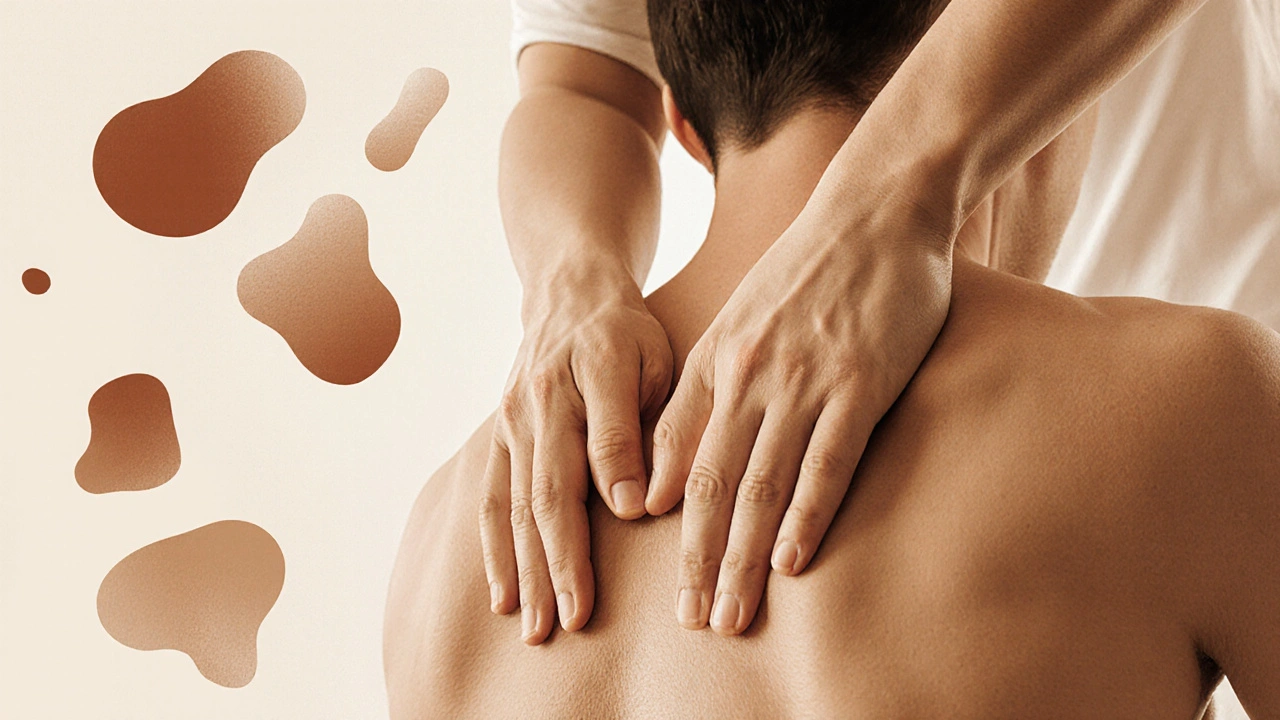 Mains de masseur travaillant sur le bas du dos, évoquant la libération des tensions.