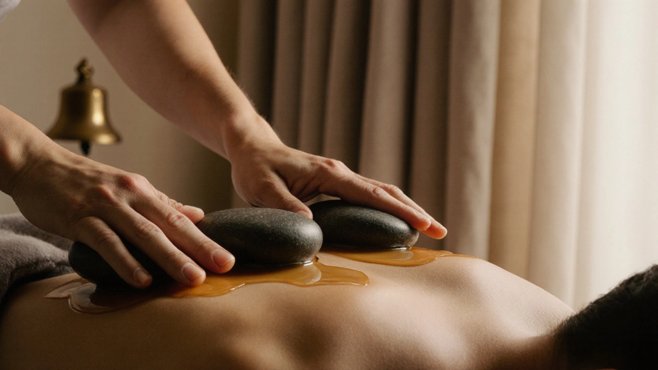 Mains de masseur utilisant des pierres chaudes sur les épaules avec de l&#039;huile essentielle de lavande.