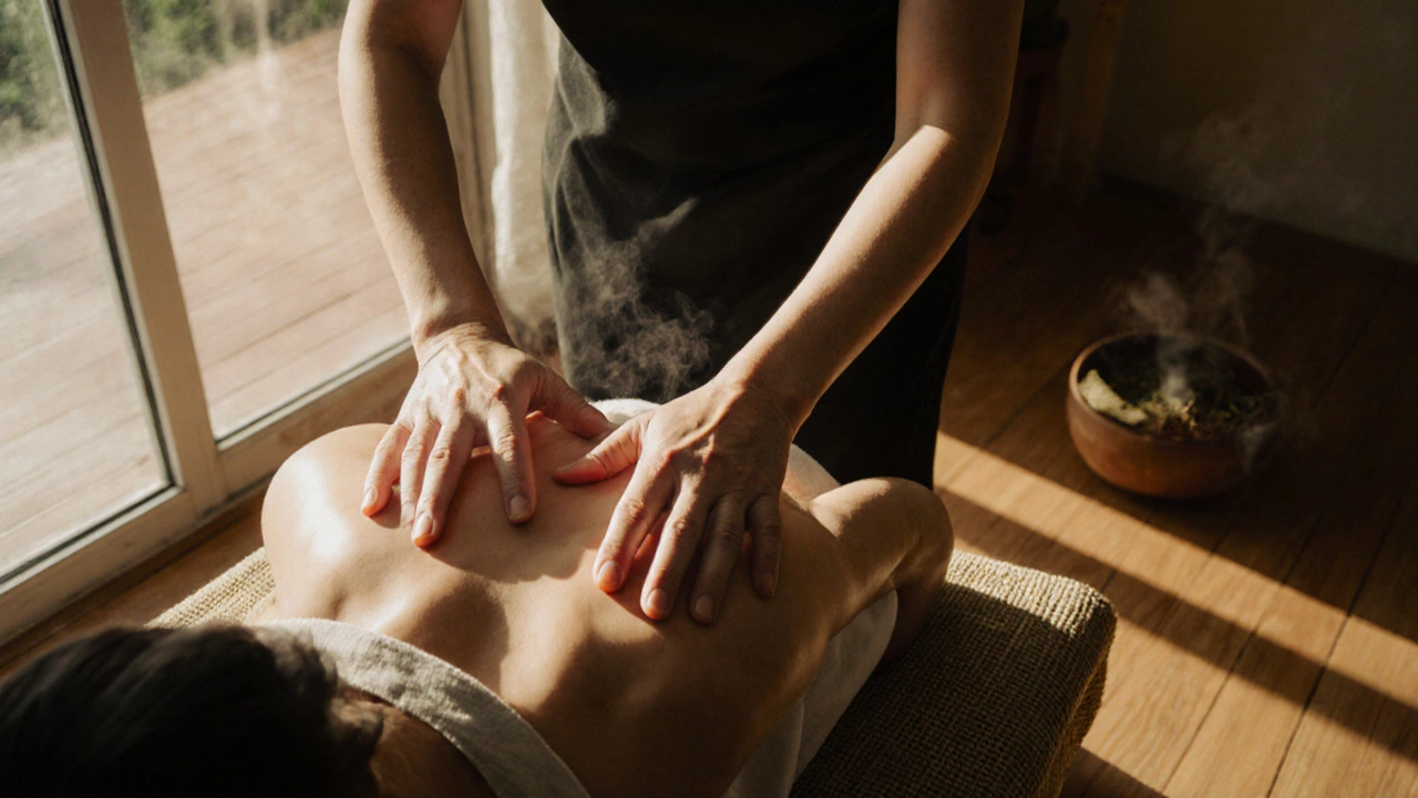 Mains de masseuse en mouvement fluide sur les épaules d&#039;une cliente lors d&#039;un massage thaï.