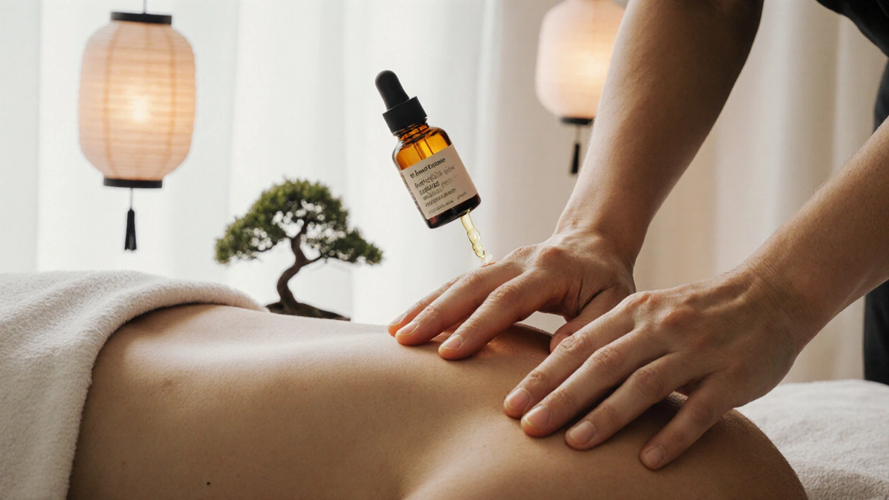 Mains de thérapeute appliquant un massage suédois et shiatsu sur l'épaule.