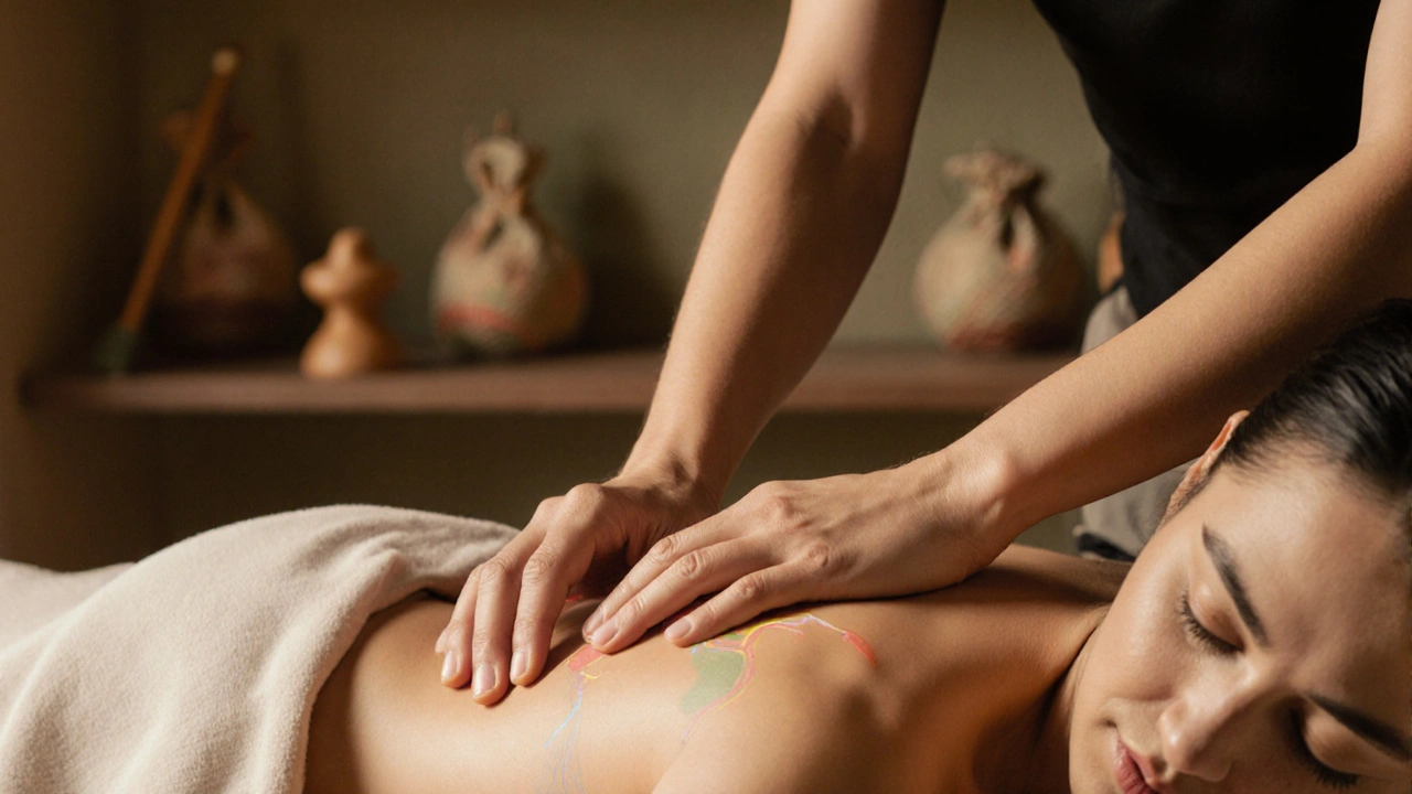 Mains de thérapeute exerçant une pression douce mais profonde sur la cuisse d&#039;un client en détente.