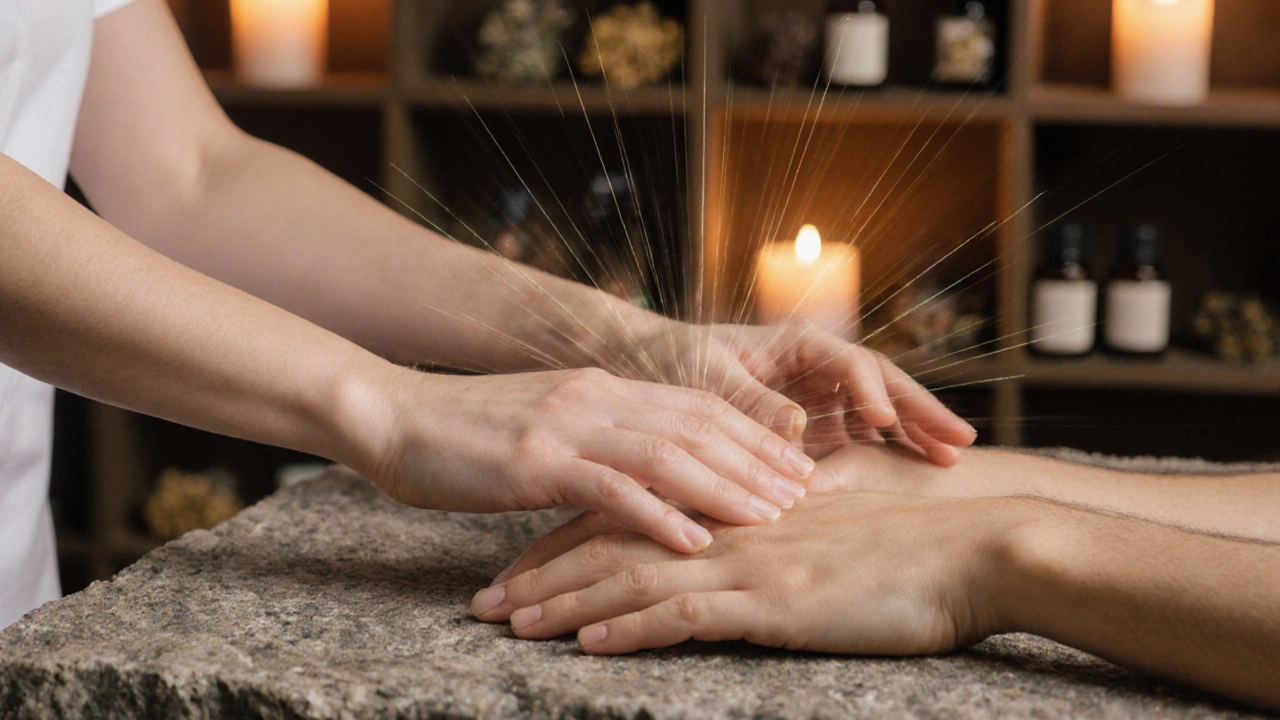 Mains en contact sur une pierre, lignes d&#039;énergie subtile, huiles essentielles en arrière-plan.