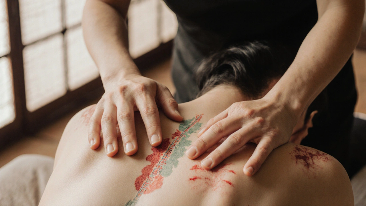 Mains exercant une pression profonde sur le méridien énergétique, avec des marques de ventouses visibles sur l&#039;épaule.