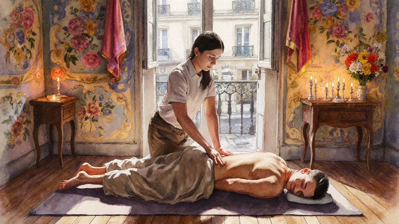 Massage thaï dans un appartement de Montmartre, thérapeute étirant doucement un client habillé, bougies et tissus suspendus.