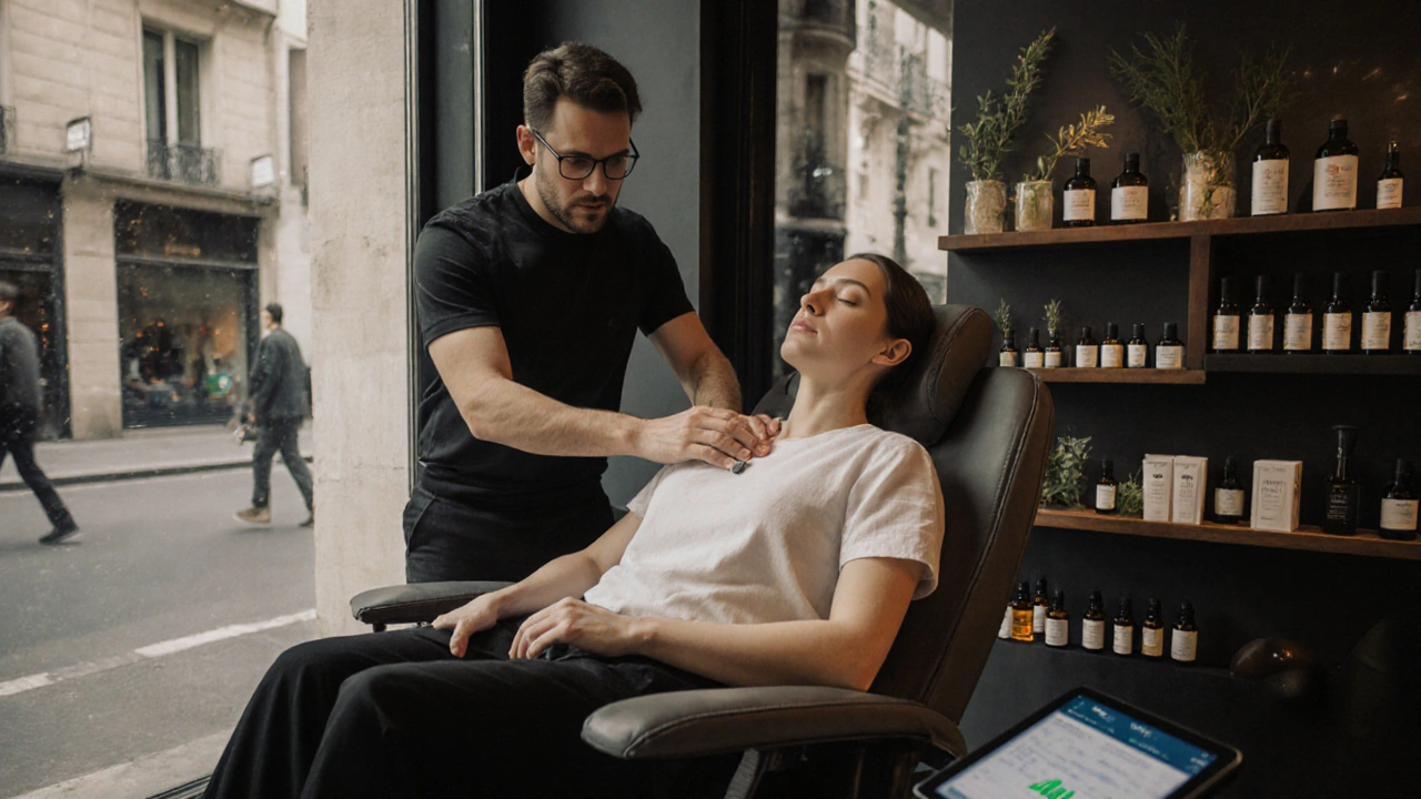 Masseur utilisant un capteur numérique pour ajuster la pression pendant un massage assis dans un espace de quartier parisien.