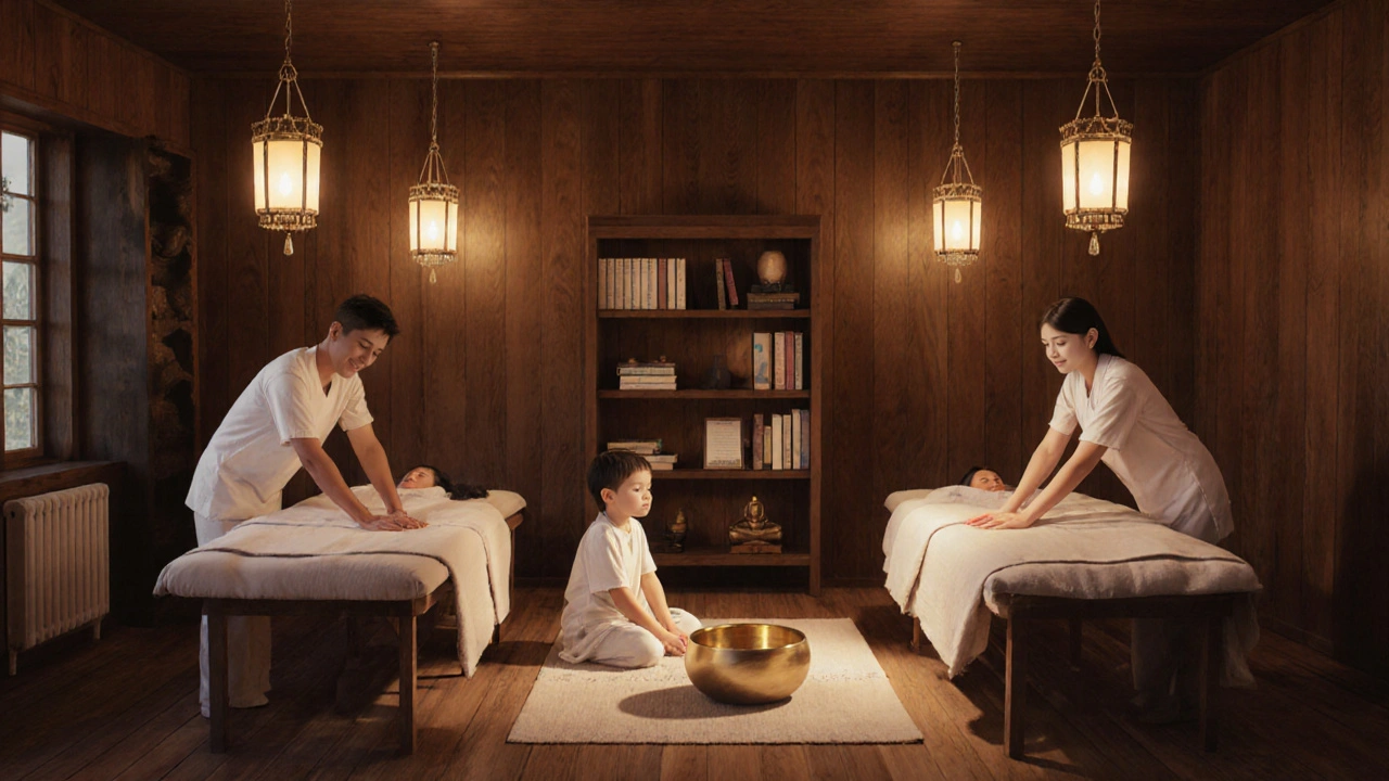 Parent et enfant massés côte à côte dans une ambiance chaleureuse, partageant un moment de calme et de connexion.