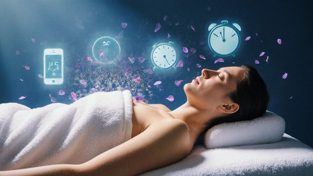 Personne allongée sur une table de massage, recouverte d&#039;une serviette, tandis que des symboles de stress disparaissent en pétales de lavande.