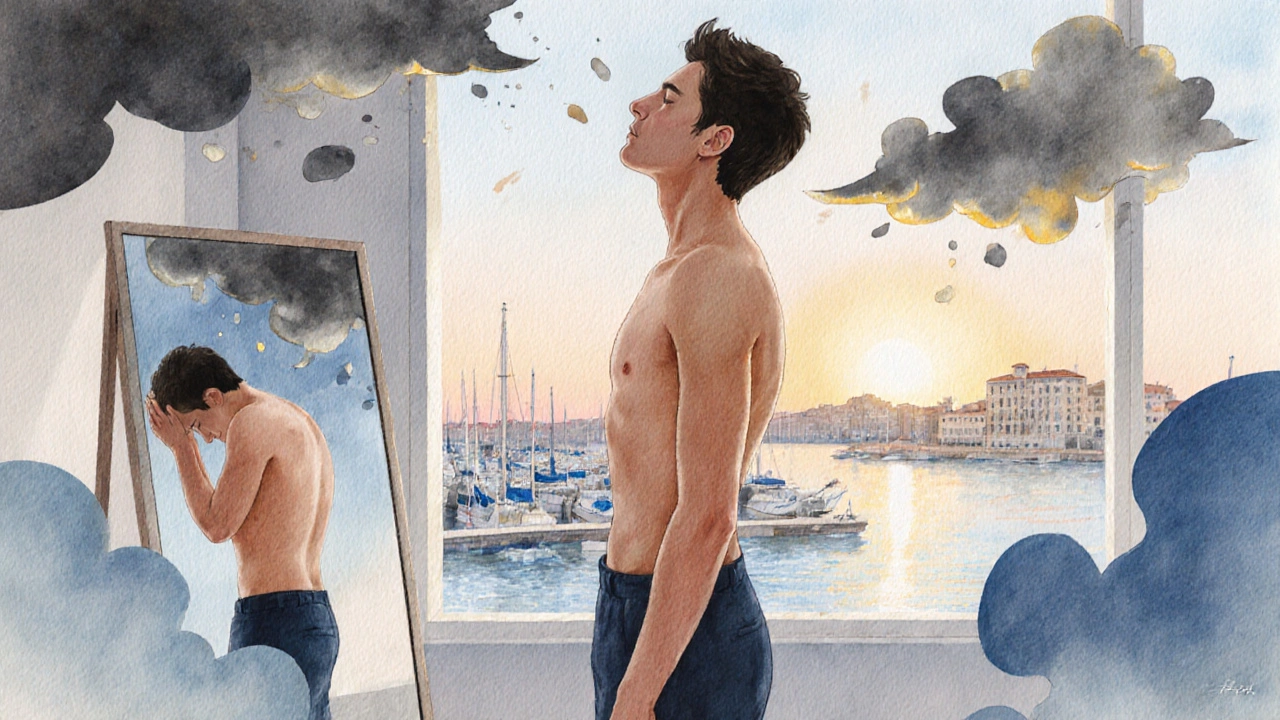 Personne debout, posture droite, les tensions disparues, entourée de formes abstraites de détente.