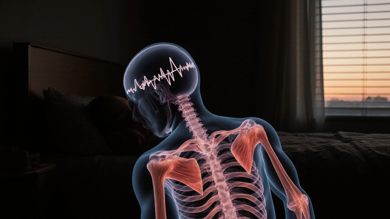 Personne endormie profondément, avec des overlays suggérant la libération des tensions musculaires et le calme cérébral.