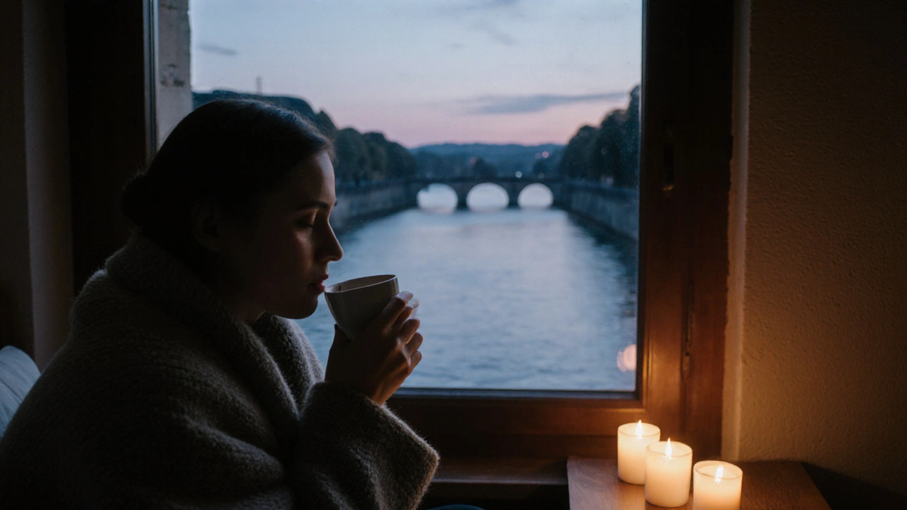 Personne enveloppée dans une couverture, sirotant une tisane au bord du Rhône au coucher du soleil.