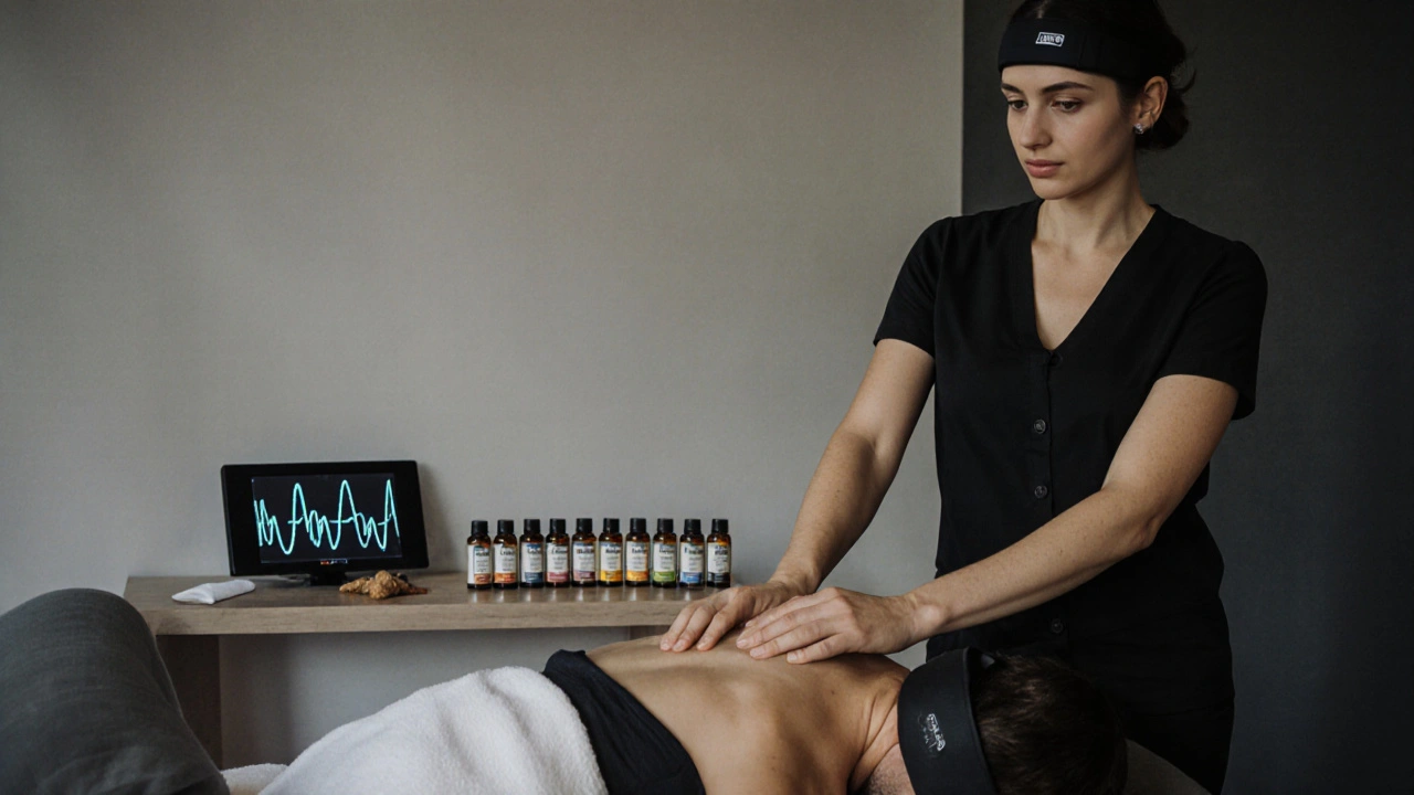 Personne portant un bandeau de biofeedback pendant un massage thaï, avec écran affichant sa détente en temps réel.