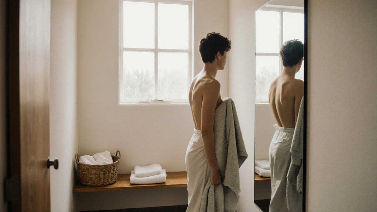 Personne regardant son reflet dans un miroir, tenant une serviette, dans une pièce de déshabillage simple et paisible.