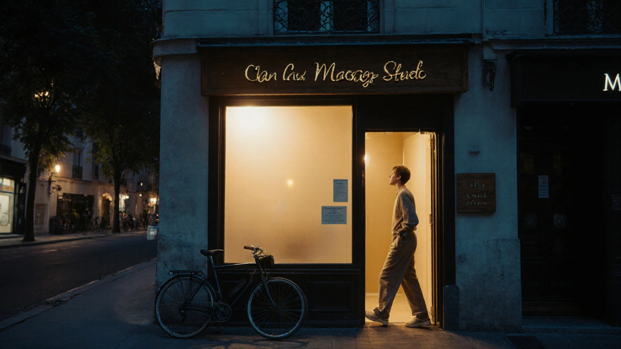 Petit atelier de massage à Paris 15, lumière dorée à la fenêtre, une personne sortant détendue.